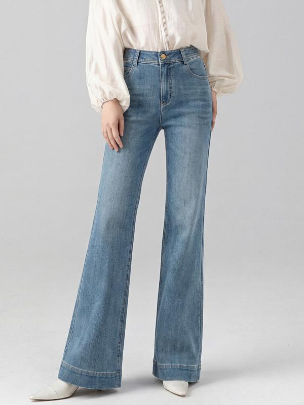 ・カテゴリ: デニムパンツ・素材: 綿 50%以上70%未満、テンセル（テンセルリヨセル繊維） 30%以下・スタイル: ヴィンテージ風・パンツ丈: フルレングス・ウエスト: ハイウエスト・生地の厚さ: 普通・デザイン: ファスナー、ウォッシュ加工・シルエット: ブーツカット・カラー展開: ブルーグレー、ライトブルー・サイズ展開: 26、27、28、29、30、31、32、33・適応体型: アップル型、ペアー型、レクタングル型、アワーグラス型・伸縮性: 中程度の伸縮性