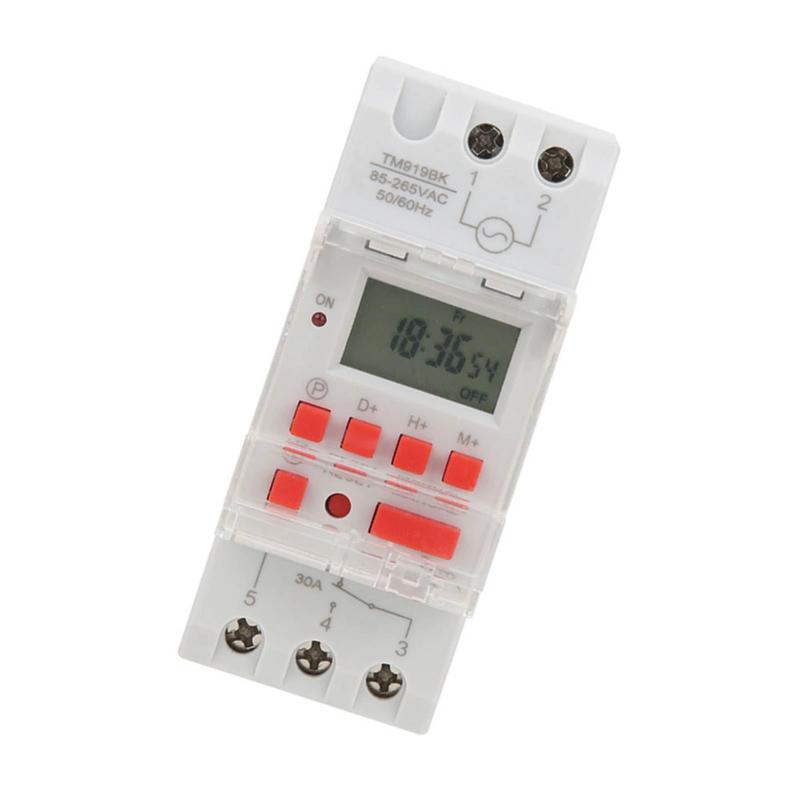 AC 85〜265V 30Aタイマースイッチ LCDディスプレイ TM919BKデジタルタイマー 24時間7日間 プログラム可能 カウントダウン 16段階のオン/オフ設定 内蔵CR2450大容量電池【16段階のオン/オフ設定】1日24時間、週7日プログラム可能なLCDタイマーです。 16段階のオン/オフ設定と手動によるオン/オフ設定により、必要な頻度で繰り返しプログラムすることができます。 この設計は合理的であるだけでなく、非常に正確で、正確なタイミング制御を提供します。【タイマー機能】タイマー機能に加え、カウントダウン機能も搭載。 LEDインジケータ付きLCDディスプレイを搭載しており、時間の読み取りがより明確で分かりやすくなっています。 カウントダウン時間を簡単に設定でき、インジケーターランプでカウントダウンの進行状況を把握できます。【35mm DINレールへの取り付け】このタイマーは35mm DINレールへの取り付けに適しており、最大カウントダウン時間は24時間です。 その構造は、インストールを容易にするために設計されており、それは様々なシナリオで長いカウントダウン時間のオフの需要を満たすことができます。【1週間あたり合計15の組み合わせ】1日あたり最大16のオン／オフプログラムが設定でき、1週間あたり合計15の組み合わせが可能です。 この多様な設定オプションは、このタイマーを非常に実用的にし、異なる期間のタイミング制御のニーズを満たすことができます。【内蔵CR2450大容量電池】内蔵のCR2450大容量電池は、停電時にメモリーをバックアップし、設定したプログラムを保存することができます。 これにより、タイマーをより安全かつ確実に使用することができ、停電の場合でも設定が失われることはありません。