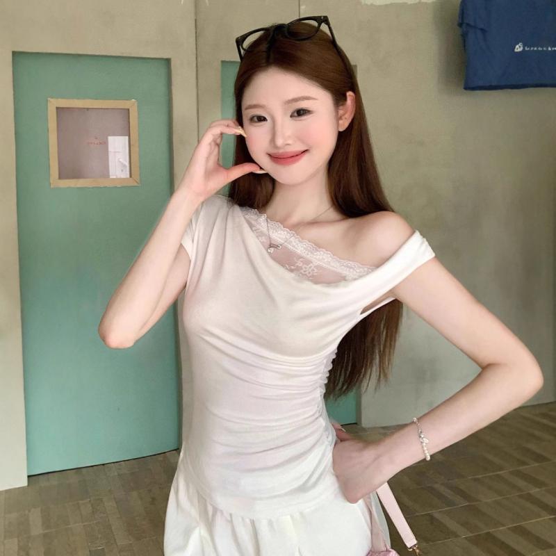 Tシャツ レディース カットソー 半袖 オフショルダー アシンメトリー 切り替え レース ギャザー シャーリング タック ドレープ ストレッチ フィット タイト スリム ショート丈 プルオーバー クルーネック 白 ホワイト カジュアル ガーリー フェミニ