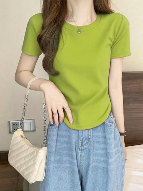 ・カテゴリ: Tシャツ・スタイル: カジュアル、シンプル・主な素材: 綿 90%-95%、スパンデックス 30%以下・柄: 無地・シルエット: スリムフィット・着丈: ショート丈（40cm超、50cm以下）・ネックライン: クルーネック・袖丈: 半袖・袖型: レギュラースリーブ・カラー展開: ホワイト、ブラック、ダークグリーン、ワインレッド、ロイヤルブルー、グレー、ピンク、ライトグリーン、レモンイエロー、アプリコット、ダークパープル、カーキ・サイズ展開: M、L、XL、XXL、3XL