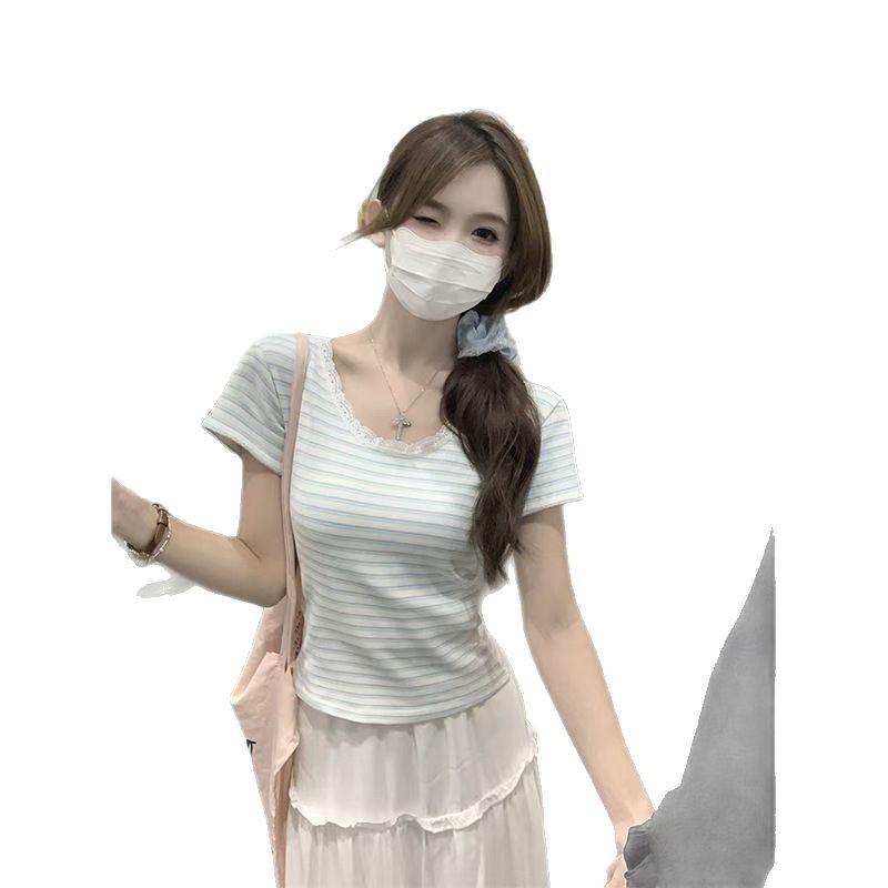 Tシャツ レディース カットソー トップス 半袖 ショート丈 縞模様 ストライプ柄 レース 切り替え クルーネック プルオーバー 伸縮性 薄手 涼しい 接触冷感 高級感 カジュアル フェミニン デイリー 普段使い お出かけ サマー 夏
