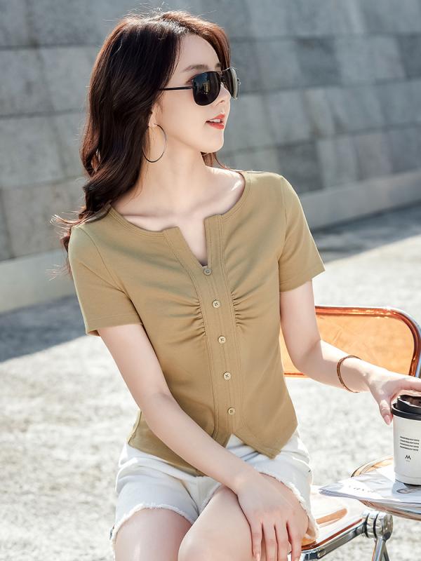 Tシャツ レディース カットソー 半袖 トップス Vネック ボタン ギャザー シャーリング ハイウエスト ショート丈 スリム タイト プルオーバー カジュアル きれいめ 大人 フェミニン 薄手 無地 着痩せ 伸縮性 インナー