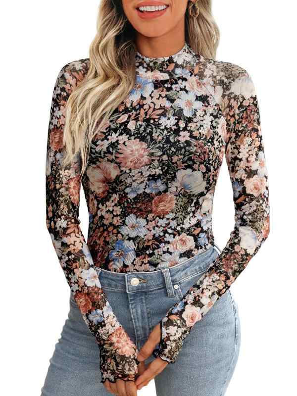打底衫 レディース カットソー トップス tシャツ 長袖 丸首 クルーネック シアー メッシュ シースルー 花柄 フラワー サムホール 指穴付き 薄手 透け感 インナー 重ね着 防寒 暖かい 伸縮性 ストレッチ 秋服 冬服 秋冬
