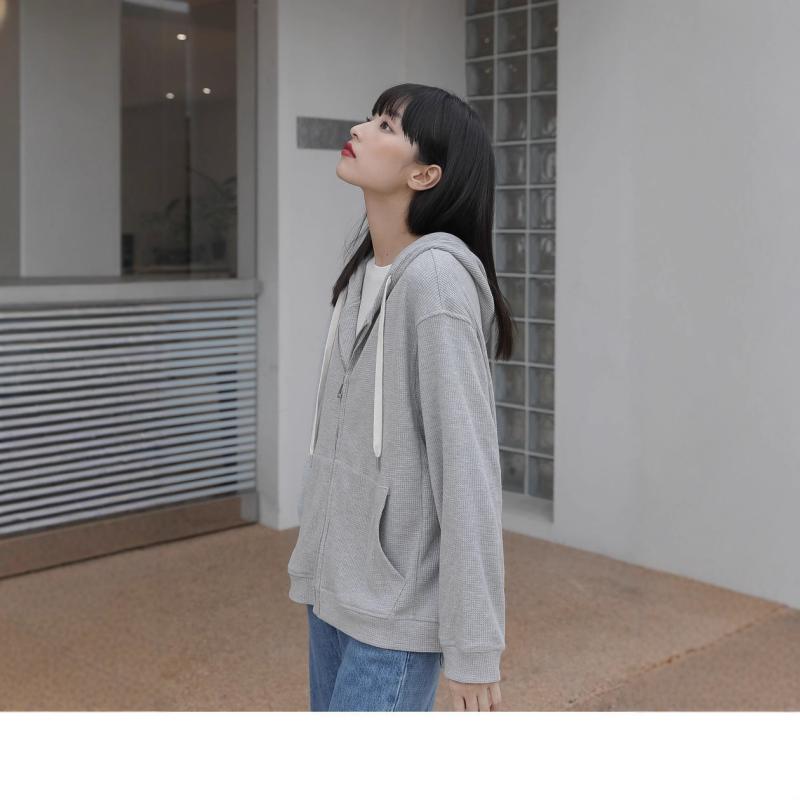 パーカー レディース トップス ワッフル生地 フード付き ジップアップ ジャケット 長袖 薄手 無地 韓国風 ゆめかわ カジュアル 通学 学生 羽織り オールシーズン
