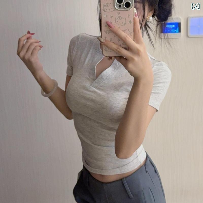 GRATIQUE MIEIのTシャツ レディース 半袖 トップス カットソー プルオーバー 剪刀襟 アシンメトリー ネック 切り替え スリム フィット 痩せ見え 華奢見え 伸縮性 着痩せ 無地 シンプル カジュアル 普段使い 普段着 日常 デイリー 旅行 通学 トレンド｜アングル2