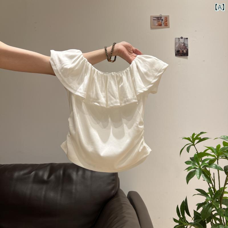 Tシャツ レディース カットソー 半袖 オフショルダー フリル シャーリング ギャザー ギャザー入り トップス プルオーバー コルセット風 スリム 細見え 美シルエット クロップド丈 ショート丈 ショートトップス 春夏 サマー カジュアル フェミニン お
