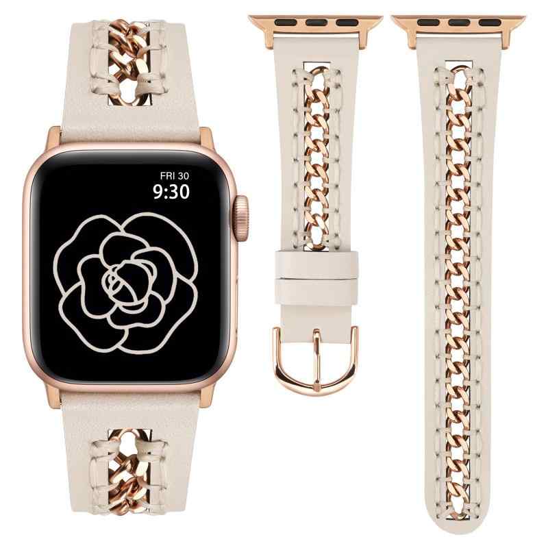 Rakuten - コンパチブル Apple Watch バンド レザー ステンレスチェーン 38／40／41／42／44／45／46／49mm アップルウォッチ バンド 革 おしゃれ 可愛い 交換ベルト レディース あっぷるうぉっちベルト 柔ら