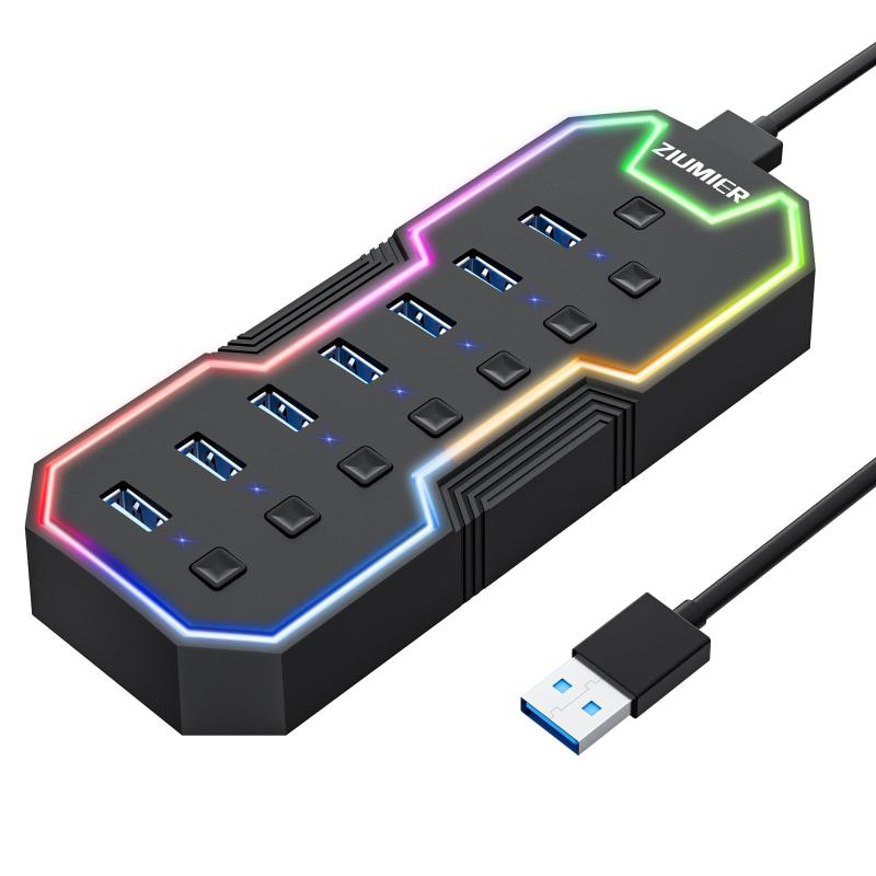ZIUMIER USBハブ3.0、RGB LEDストリップ付き7ポートUSBエクスパンダー、ノートパソコン用USBハブ、Mac、PC、デスクトップ、フラッシュドライブ、モバイルHDD用の個別LEDオン/オフスイッチ