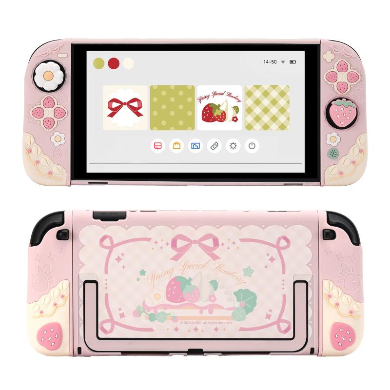 GeekShare Switch2カバー Switch2対応 スイッチ2025 PC製 joy con 保護カバー 分体式カバー 全面保護 薄型 傷防止 汚れ防止 対応耐衝撃 取り外し簡単-春のイチゴ (ピンク)