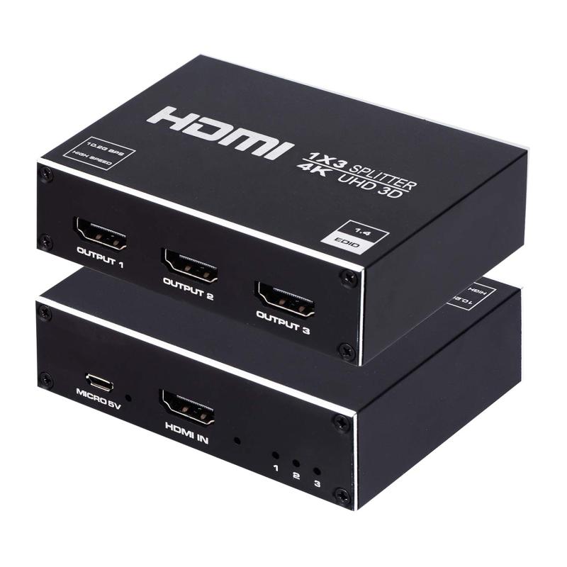 4K@30Hz HDMI 分配器 1 入力 3 出力 HDMI スプリッター 1x3 同時出力 3D HDMI1.4 規格 PC/Xbox/PS4/Fire TV Stick/Apple TV 対応【HDMI分配器 1 入力 3 出力】この4K HDMI分配器 1x3は、単一のHDMI入力デバイスから3つのHDMIディスプレイに音声信号とビデオ信号を同時に分配します。すなわち、同じ画面を異なるシーンで表示できることを意味します。ラグ、フラッシュ、解像度の低下がなく、印象的な高解像度のプレゼンテーションを楽しむことができます。 （ご注意：ミラーモードのみ、拡張をサポートしできません。）【4KウルトラHD解像度】3D、4Kx2K@30hz、1080P@30hz、1080P@60hzなどの高解像度とHD音声を対応し、8/10/12ビットのディープカラーをサポートします。幅広い用途に10.2Gbpsの帯域幅を提供できます。（4K@30Hz以上の解像度は使用しないでください。）【入力と出力ケーブルの距離】AWG26 HDMI標準ケーブルを使用すると、入力と出力の間の距離は最大30m/ 15mに達する可能性があります。1080P解像度：入力15m、出力15m 4K解像度：入力8m、出力8m。（ご注意：本製品は最低解像度の標準に従って画像を分配します。ダウングレードをサポートしていません、正常に動作するように、すべての出力機器の解像度を同じに調整してください。）【プラグ&amp;プレイ】このHDMIスプリッター分配器1×3は、設定と操作が簡単です。HDMI設備とUSB充電ケーブルを接続するだけでお楽しみいただけます。HDMI分配器のケースは放熱性と耐久性に優れた金属素材を採用しています。精巧な設計、持ち運びが簡単。追加のドライバや設定は不要です。HDMI デバイスに接続したら、デバイスの USB ポートから USB ケーブルを使用して分配器に電力を供給するだけです。【幅広い互換性】HDMI 1.4 / 1.3 / 1.2 / 1.1 / 1.0と互換性があり、HDCP 1.4をサポートします（HDCPをバイパスしません）。このHDMIスプリッターは、標準のHDMIポートを備えたほとんどの設備に適しています。Blu-Rayプレーヤー、Xbox、PS3、PS4、PC、Direc TVなど対応。（HDCP 2.0および2.2はサポートされていません）【同梱品とサビース】(1)1 x 4K HDMI分配器 1x3 (2)1 x USB 電源ケーブル (3)1 x 取扱説明書。