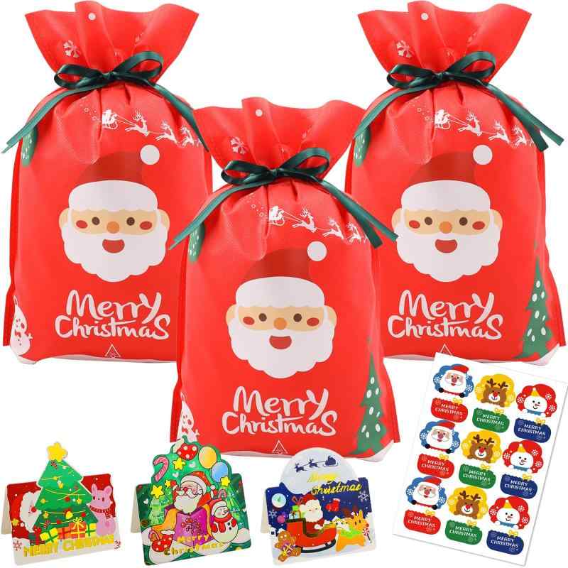 クリスマス ギフトバッグ ラッピング 袋 巾着袋 ラッピング 袋 両面印刷 赤色のギフト 不織布 ギフトバッグ プレゼント包装 ラッピング用 おしゃれ 可愛い 誕生日 バッグ プレゼント用 贈り