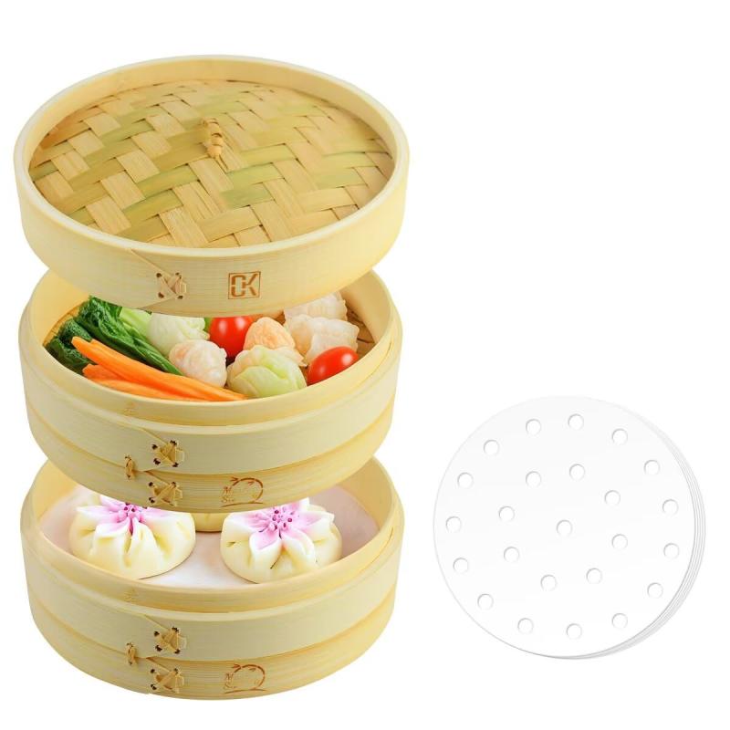 CORKAS せいろ蒸し器 せいろ 手作り 竹セイロ し器 中華 せいろ 天然竹 蒸籠 蒸篭 蒸鍋セット 専用用紙50枚付 業務用 家庭用 鍋付き