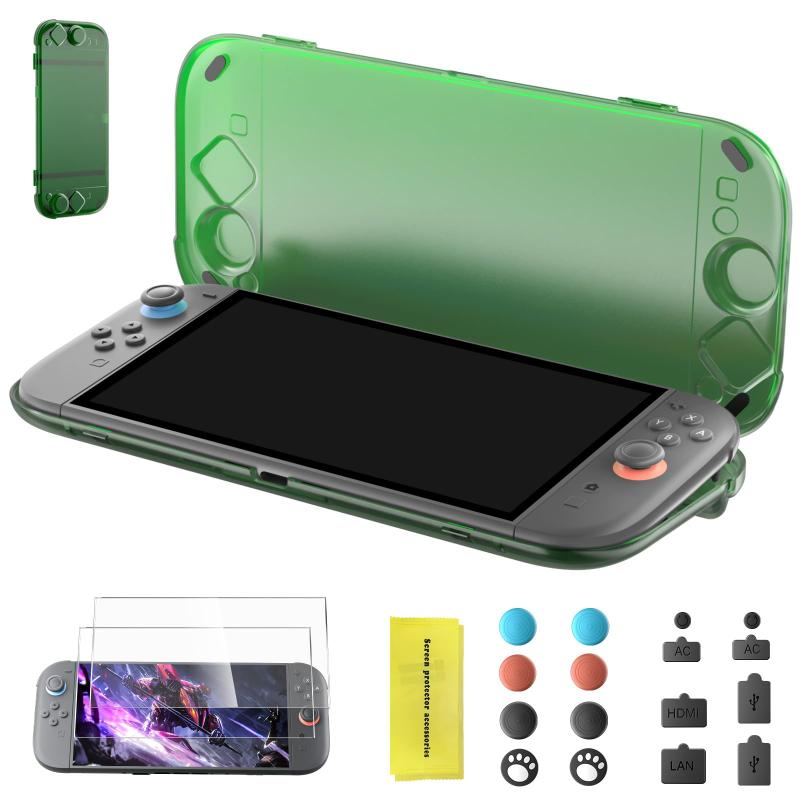 Switch2 専用 保護ケースセット AOJAKI 超薄型 軽量 PC素材 保護ケース | 強化ガラスフィルム2枚・ジョイスティックカバー8個・ダストプラグ8個付き | Switch 2 アクセサリー セット【ご注意】本製品はケース装着状態でのドック接続には対応していません。最適なフィット感を得るため、ポート用ダストプラグを装着せずに使用することをおすすめします。日常使用時に本体をしっかり保護できるSwitch2 対応保護カバーとして設計されています。【Nintend0 Switch 2 専用設計・精密フィット】2025年発売のNintend0 Switch 2専用に設計されたケースで、精密カット設計により本体にぴったりフィットし、ぐらつきのない安定した装着感を実現します。購入前に対応機種をご確認ください。サイズ：10.9 × 4.9 × 1.57インチ、重量：0.44ポンド。日常保護に最適なSwitch2 対応保護カバーです。【超軽量・超薄型の保護デザイン】軽量で耐衝撃性に優れたPC素材を採用し、擦り傷や軽い落下、日常の衝撃からSwitch 2本体をしっかり守ります。厚さわずか1.57インチのスリム設計で、バッグやリュックにも簡単に収納可能。持ち運びやすく操作性を損なわないSwitch2 対応保護カバーとして便利です。【耐久スナップロック構造＆内部シリコンパッド】スナップロック構造は10,000回以上の開閉テストをクリアし、しっかり固定できる安定した装着感を実現。ケース内部にはシリコン製の防摩擦パッドを配置し、本体表面との直接接触を軽減して長期使用による摩耗を防ぎます。全面エッジを保護するSwitch2 対応保護カバーです。【高透明ガラスフィルム付き・アクセサリーセット】本セットには高透明の強化ガラスフィルムが付属し、画面本来の鮮明さと色彩を保ちながら滑らかなタッチ操作を実現します。さらに、保護ケース×1、ガラスフィルム×2、ジョイスティックカバー×8、ポートダストプラグ×8を同梱。本体を総合的に守る実用的なSwitch2 対応保護カバーアクセサリーセットです。