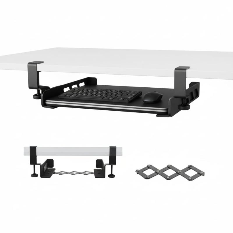 デスク下 収納 ノートパソコン 伸縮式 工具不要 天板1〜5cm対応 最大10kg耐荷重 ノートPC/キーボード/本 整理 スチール製 ブラック