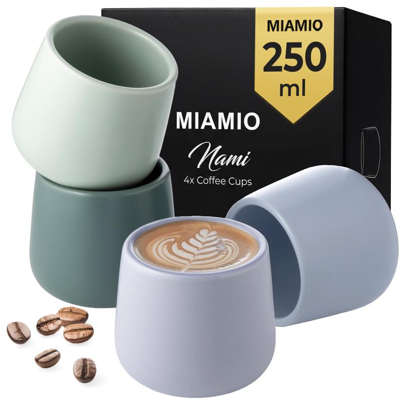 MIAMIO - セラミックカップ 4個セット (250 ml) / 取っ手のないセラミックカップ/コーヒーマグ、コーヒーカップ、カプチーノカップ