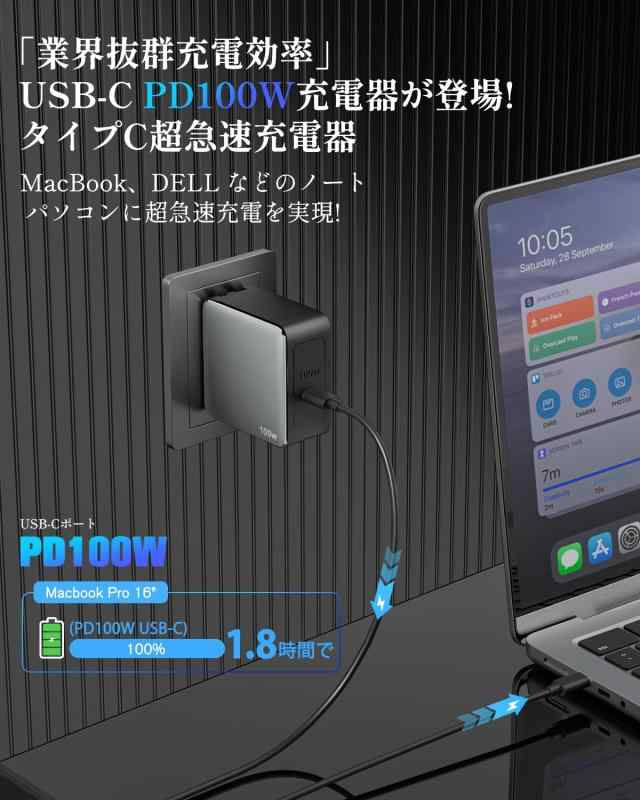 GRATIQUE MIEIのTOPWE 100W 充電器 Type-C USB-C pd 対応 小型 【PSE技術基準・100W出力可能・折畳プラグ 】 タイプc 充電器 急速充電 パソコン ノートPC MacBook 対応 iPhone15/14/Android Galaxy S｜アングル3