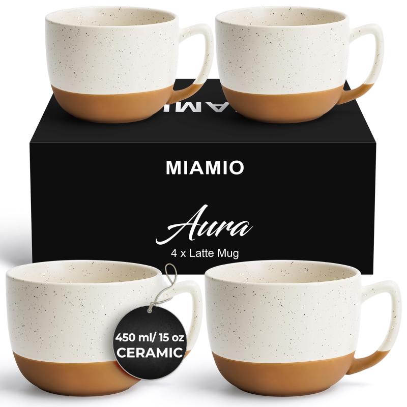 MIAMIO – 450 ml、セラミックラテマグ4個セット – カフェ、ラテ、紅茶、ホットココア用のエレガントでモダンなコーヒーマグセット – ドリンク食器洗い機&amp;電子レンジ対応 – ご家庭やオ