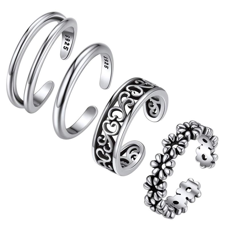 ChicSilver シルバー925 トゥリング レディース かわいい フリーサイズ 3点セット 甲丸 2連 3連 ミディリング ハワイアンジュエリー