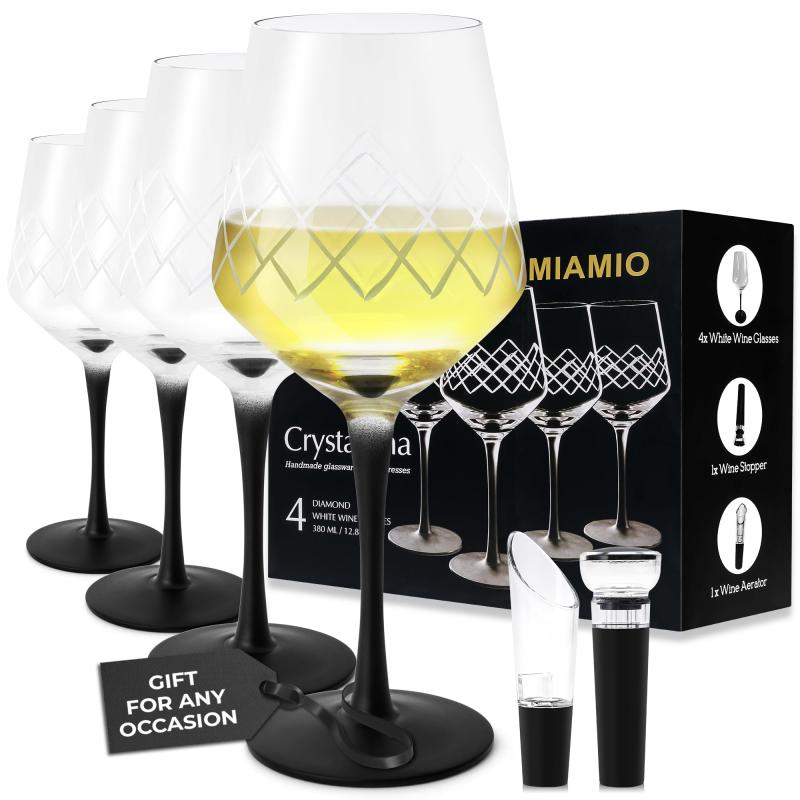 MIAMIO 380ml 白ワイングラス 4 個セット プレミアムクリスタル 黒のロングステム ワイングラス クリスタルーナ・コレクション