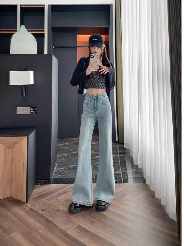 ・カテゴリ: デニムパンツ・主な素材: 綿 70%以上80%未満・スタイル: 微フレアパンツ、通勤スタイル・パンツ丈: ロングパンツ・ウエスト: ハイウエスト・生地の厚さ: 普通・デザイン要素: ボタン、ラインストーン・カラー展開: ライトレトロブルー（アンクル丈）、ライトレトロブルー（フルレングス）、ライトレトロブルー（トール丈）、ダークレトロブルー（アンクル丈）、ダークレトロブルー（フルレングス）、ダークレトロブルー（トール丈）・サイズ展開: XS、S、M、L、XL、2XL・伸縮性: ミディアムストレッチ・パンツ形状: 微フレア型