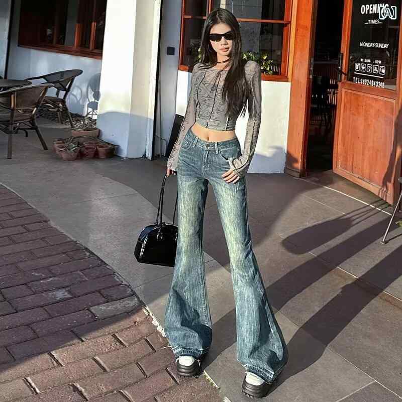 GRATIQUE MIEIのジーンズ レディース デニム パンツ ジーパン 美脚 ベルボトム ブーツカット ラッパズボン ハイウエスト 伸縮性 ストレッチ ロング丈 長ズボン ボトムス レトロ ヴィンテージ風 アメカジ スタイルアップ カジュアル 秋冬｜アングル2