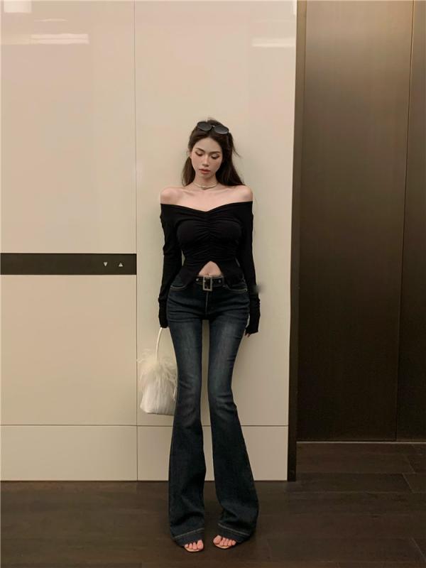 ジーンズ レディース デニム パンツ ジーパン 微喇叭 ベルボトム ブーツカット ローライズ スリム フィット タイト ストレッチ 伸縮性 快適 美脚 着痩せ 細見え 裾引き ロング丈 長ズボン カジュアル 秋冬 ネイビーブルー青 秋冬 ネイビー インデ