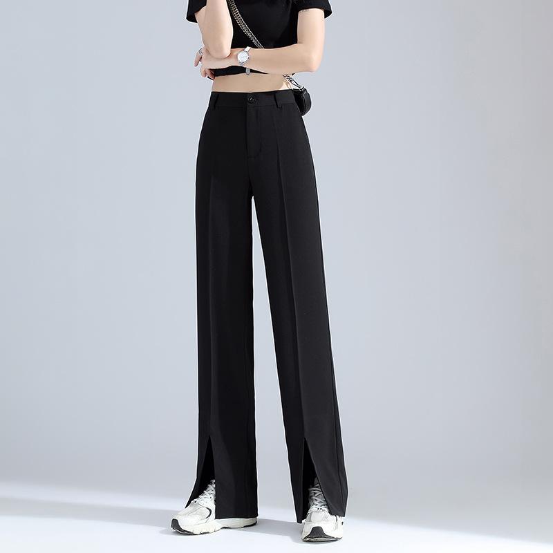 パンツ レディース ワイドパンツ スラックス ズボン ボトムス ハイウエスト 黒 ブラック サマーパンツ 薄手 接触冷感 涼しい センタープレス ストレート フロントスリット 裾スリット ゆったり 普段使い 通勤用 カジュアル オフィス