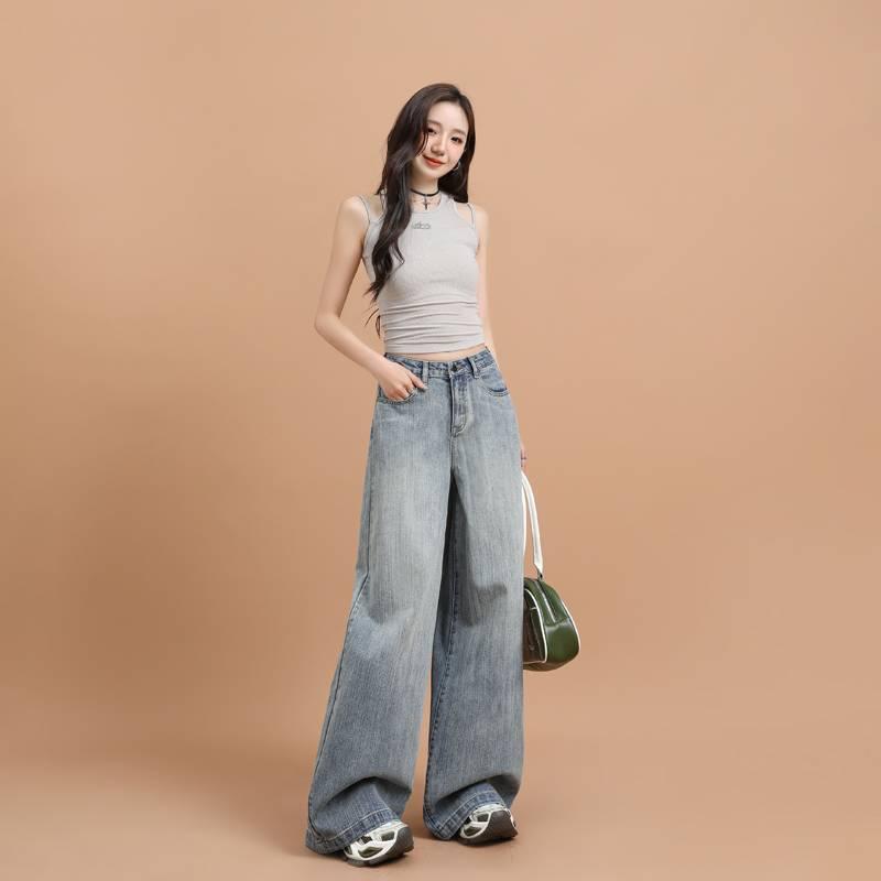 ・カテゴリ: 牛仔パンツ・主な素材: 綿 80%-90%、ポリエステル 30%以下・スタイル: ワイドパンツ・パンツ丈: フルレングス・ウエスト: ハイウエスト、ミドルウエスト・厚さ: 通常・デザイン: ウォッシュ加工・カラー展開: 海塩ブルー（通常丈）、海塩ブルー（長め丈）・サイズ展開: XS、S、M、L、XL、XXL・テイスト: きれいめ通勤、シティ風、フェミニン・伸縮性: なし