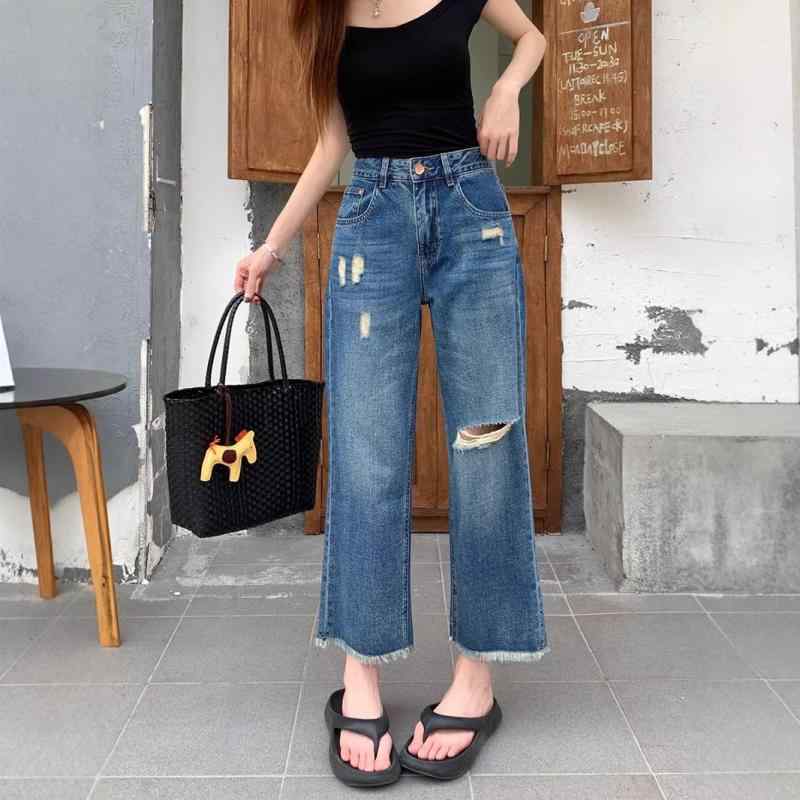 ・カテゴリ: デニムパンツ・素材: 綿、ポリエステル・スタイル: ストレート、カジュアル、通勤・パンツ丈: 九分丈・ウエスト: ハイウエスト・デザイン特徴: ダメージ加工、グラデーション染め・シルエット: ルーズ・カラー展開: ブルー・サイズ展開: S、M、L、XL、XXL、3XL、4XL、5XL