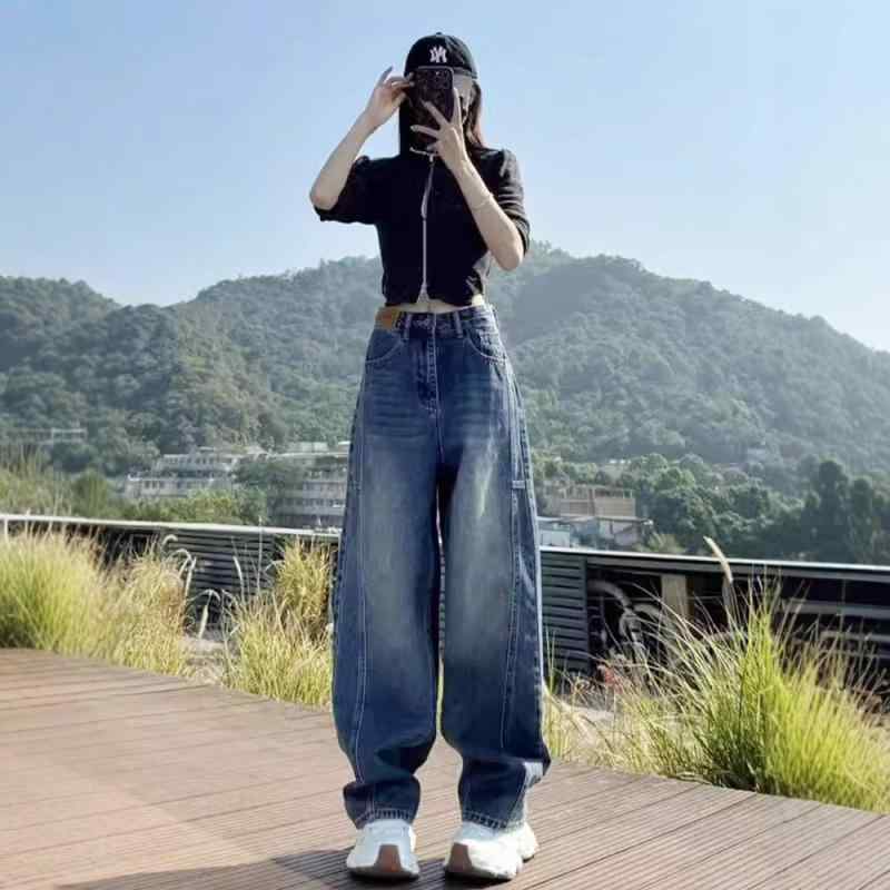 ・カテゴリ: デニムパンツ・素材: デニム（綿50%以上70%未満）・スタイル: 通勤風、きれいめ・パンツの形状: ワイドパンツ・パンツの長さ: フルレングス・ウエストの位置: ハイウエスト・厚さ: 普通・デザイン: ファスナー・加工: ウォッシュ加工・カラー展開: ヴィンテージブルー・サイズ展開: XS、S、M、L、XL、2XL、3XL、4XL・伸縮性: なし