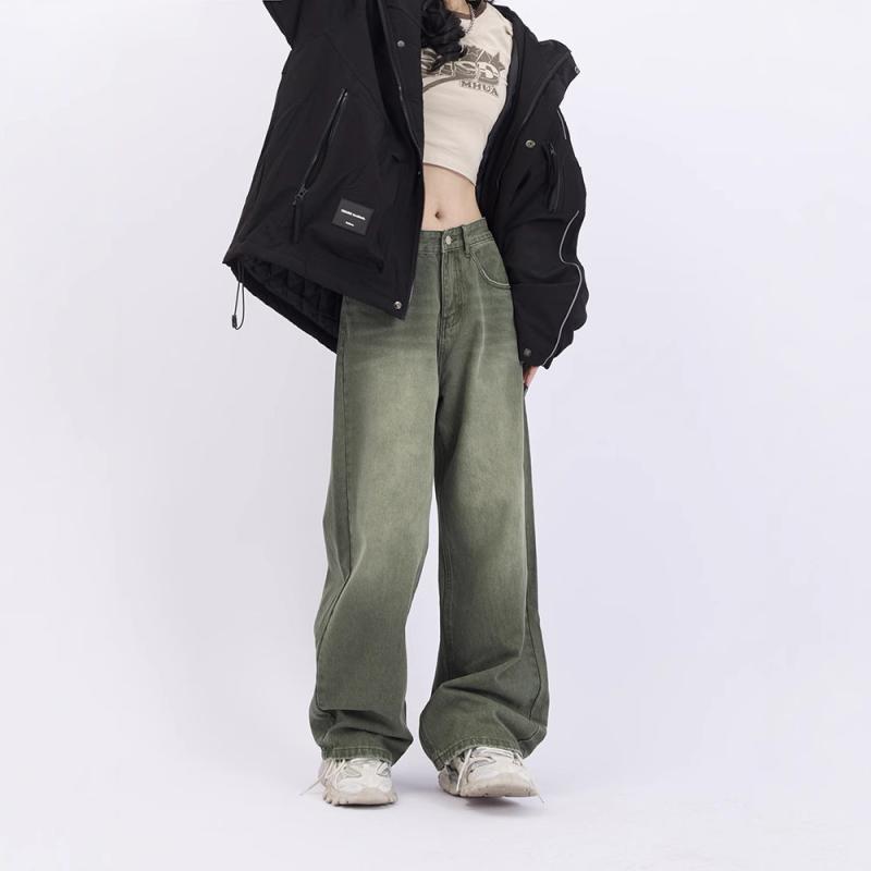 ジーンズ レディース 秋冬 高腰 ハイウエスト ボトムス ワイドパンツ ジーパン ズボン ストレート ロングパンツ デニムパンツ デニム 伸縮性 ゆったり 楽ちん 着痩せ カジュアル ヴィンテージ風 グリーン 大きいサイズ