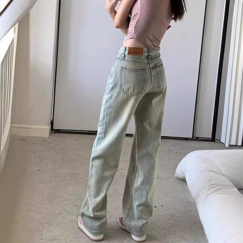 ジーンズ レディース デニム パンツ ジーパン ワイドパンツ ストレート ズボン ロング丈 ボトムス ハイウエスト 美脚 脚長 痩せ見え 着痩せ ゆったり カジュアル ヴィンテージ風 アメリカン レトロ 抜け感 薄手 爽やか ライトブルー