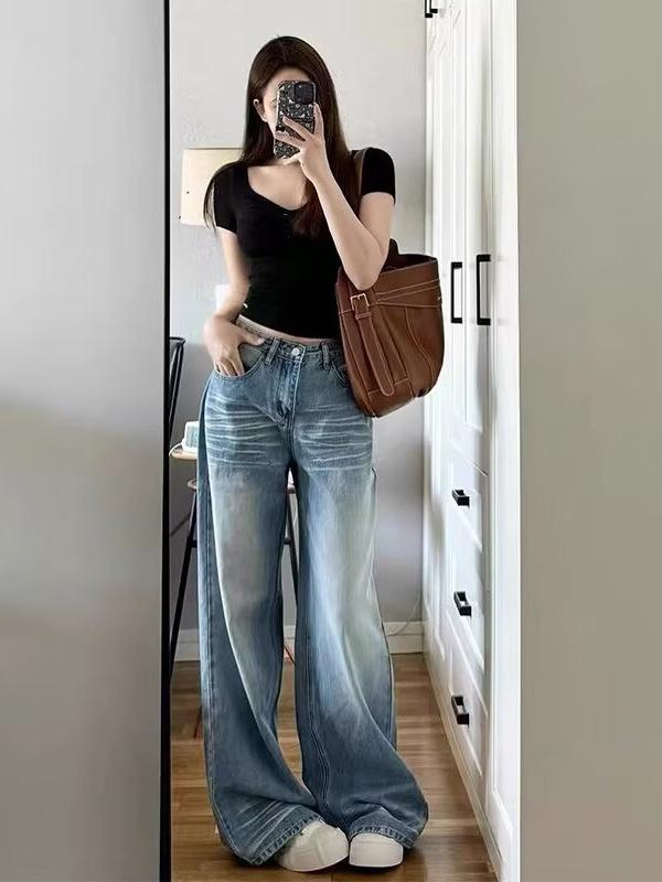 ジーンズ レディース デニムパンツ ジーパン ハイウエスト 着痩せ ストレート ワイドパンツ ロングパンツ ゆったり フルレングス 美脚 カジュアル ボトムス ズボン ウォッシュ加工 ユーズド風 ライトブルー 青 春