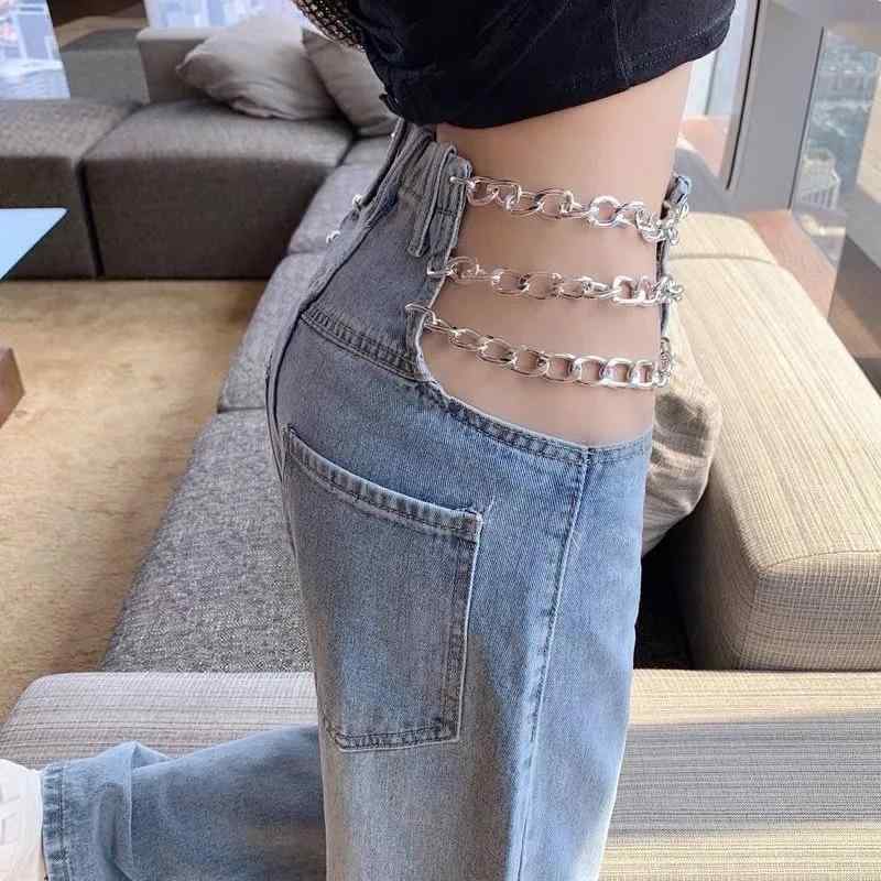 ・カテゴリ: デニムパンツ・主な素材: デニムコットン（90%超-95%以下）・素材2: 綿（30%以下）・スタイル: ストリート風・シルエット: ストレート・パンツ丈: フルレングス・ウエストの位置: ハイウエスト・生地の厚さ: 普通・デザイン特徴: ダメージ加工、カットアウト（透かし彫り）・伸縮性: 弱ストレッチ・カラー展開: ライトブルー・サイズ展開: XS、S、M、L、XL、2XL
