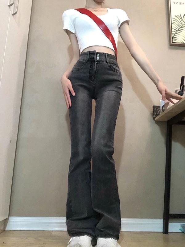 ジーンズ レディース デニム パンツ ジーパン 微フレア スリット スモーキーグレー チャコールグレー ハイウエスト 伸縮性 ストレッチ 美脚 スリム 脚長効果 細見え 万能 ボトムス 着痩せ 普段使い 部屋着 通勤 通学 カジュアル 春夏