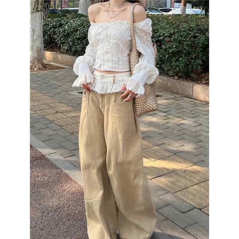 ・カテゴリ: デニムパンツ・素材: レース、デニム・スタイル: キャミソールサロペット、通勤、エレガント・パンツ丈: ロングパンツ・ウエスト: ハイウエスト・生地の厚さ: 普通・デザイン: レトロ、レース・カラー展開: カーキ（アンクル丈：パンツ丈約92cm、推奨身長140-154cm）、カーキ（レギュラー丈：パンツ丈約98cm、推奨身長155cm以上）・サイズ展開: XXS、XS、S、M、L、XL・伸縮性: 微伸縮・パンツのシルエット: ストレート・主な素材含有量: 80%以上90%未満