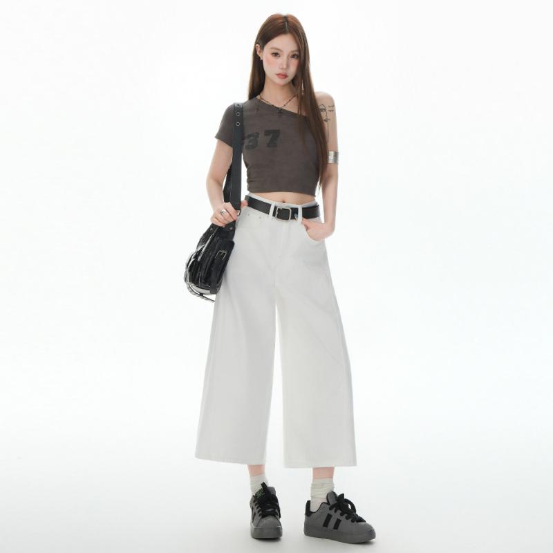 ・カテゴリ: デニムパンツ・素材: 綿50%以上70%未満・スタイル: カジュアル、日韓カジュアル・パンツ丈: 7分丈・ウエスト: ハイウエスト・デザイン: ワイドパンツ・カラー展開: ホワイト、ブルー・サイズ展開: XS、S、M、L、XL