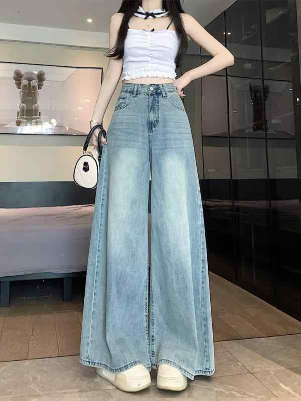 ・カテゴリ: デニムパンツ・主な素材: 綿50%以上70%以下・スタイル: 通勤、エレガント・パンツ丈: フルレングス・ウエスト: ハイウエスト・生地の厚さ: 薄手・デザイン: ポケット、切り替え・カラー展開: ライトブルー・サイズ展開: XS、S、M、L、XL、XXL・伸縮性: 弱ストレッチ・シルエット: ワイド
