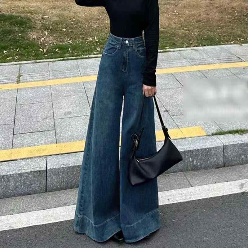 ・カテゴリ: デニムパンツ・素材: デニム（綿50%以上70%未満）・スタイル: きれいめカジュアル・パンツ丈: フルレングス・ウエスト位置: ハイウエスト・生地の厚さ: 普通・デザイン: ジッパー・カラー展開: レトロブルー、ライトブルー・サイズ展開: XS、S、M、L、XL、XXL・伸縮性: 高い・シルエット: ブーツカット、ベルボトム・加工: サンドウォッシュ（砂洗）