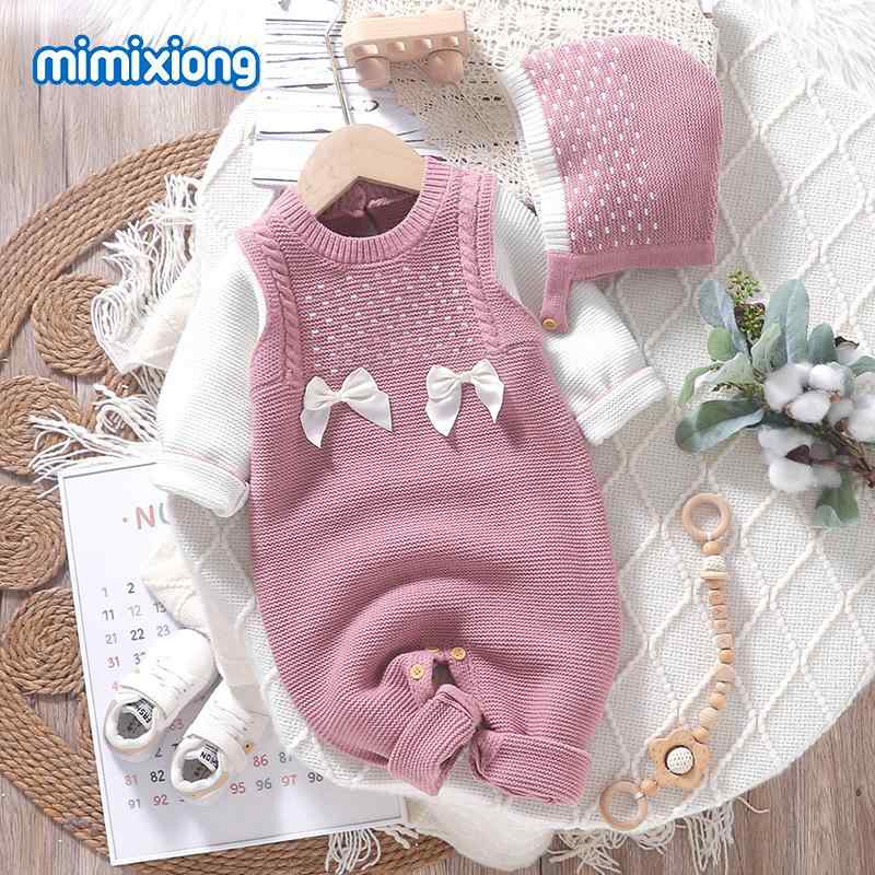 ロンパース 女の子 ベビー ニット ハット 帽子 セット カバーオール ベビー服 赤ちゃん 新生児 長袖 股下ボタン 丸首 クルーネック コットン 綿 伸縮性 かわいい カジュアル ガーリー 普段使い お出かけ 秋 冬 秋冬