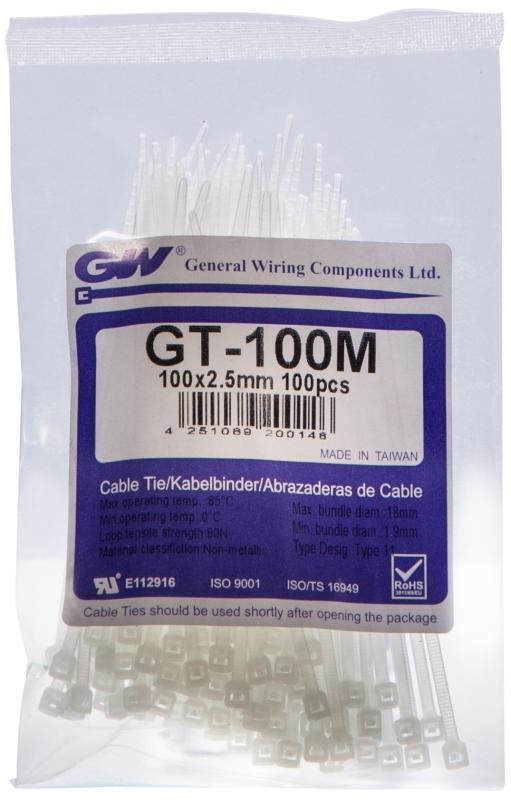 GW 結束バンド ケーブルタイ 幅2.5mm 長さ100mm 標準・屋内用 ナチュラル 100本入り GT-100MC標準・屋内用 ナチュラルループ 引張強度: 8.1KGS使用温度範囲: -40℃~+85℃ &amp; UL難燃グレード:UL94V-2台湾製RoHS、REACH、UL62275、ISO9001:2015、 IATF16949:2016（自動車産業）適合品