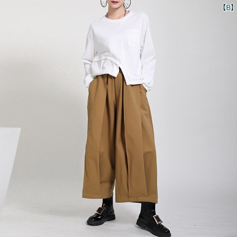 GRATIQUE MIEIのパンツ レディース ズボン ワイドパンツ ガウチョパンツ 9分丈 ボトムス アンクル丈 ゆったり ハイウエスト 着痩せ 体型カバー 脚長効果 美脚 シンプル 無地 ブラック カジュアル 日系 山本風 暗黒風 個性的 小衆デザイン｜アングル3