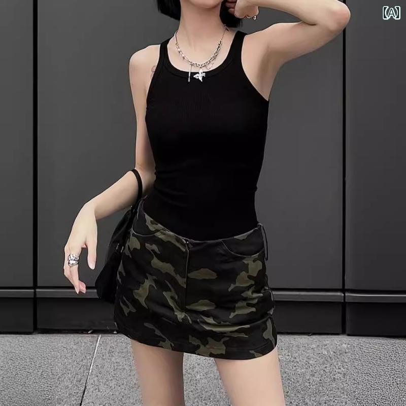 スカート レディース 半身裙 ミニスカート タイトスカート マイクロミニ 迷彩柄 カモフラージュ ミリタリー ワーク ポケット ローライズ ヴィンテージ風 ユーズド加工 セクシー ギャル スリム フィット Aライン ボトムス カジュアル ストリート - 2
