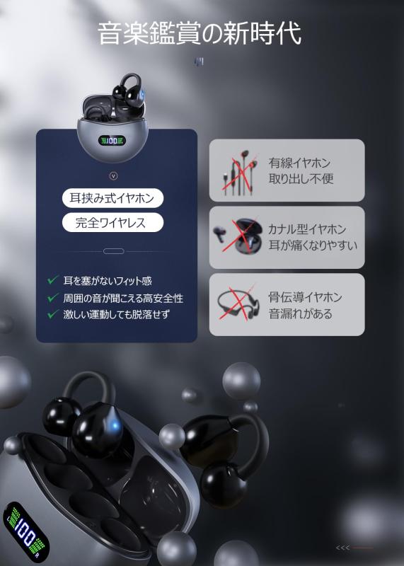 イヤホン Bluetooth【業界革新 音質特化モデル】 イヤーカフ型 Bluetooth5.4 ワイヤレスイヤホン 耳を塞がない 耳挟み式 業界トップ音質 フィット感 圧迫感ゼロ 残量表示 ENC通話ノイズキャンセル putera-10234377 GRATIQUE MIEI サンプル画像3