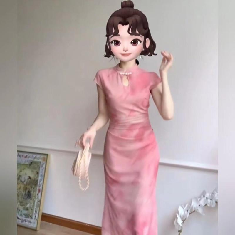 ワンピース レディース チャイナドレス チャイナ服 改良チャイナドレス サマードレス コクーンワンピース 立ち襟 立体裁断 スタンドカラー スリム 細見え 着痩せ チャイナボタン ピンク 半袖 ミディアム丈 膝丈 膝上