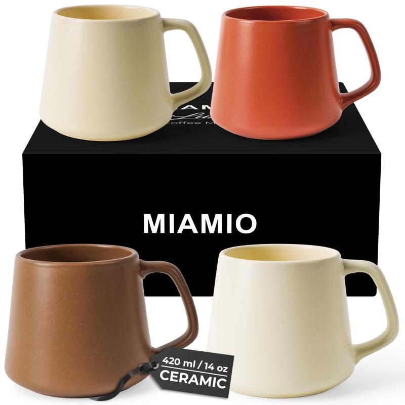 MIAMIO - コーヒーマグセット（4個セット）/ 大容量セラミックコーヒーカップ（420ml） - カプチーノ、紅茶、エスプレッソ用マグカップ - 電子レンジ対応、食洗機対応 - Luxe Collection