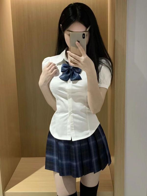 シャツ レディース トップス 半袖 襟付き リボン ギャザー パフスリーブ ショート丈 制服 学園祭 スクール風 甘め ガ…