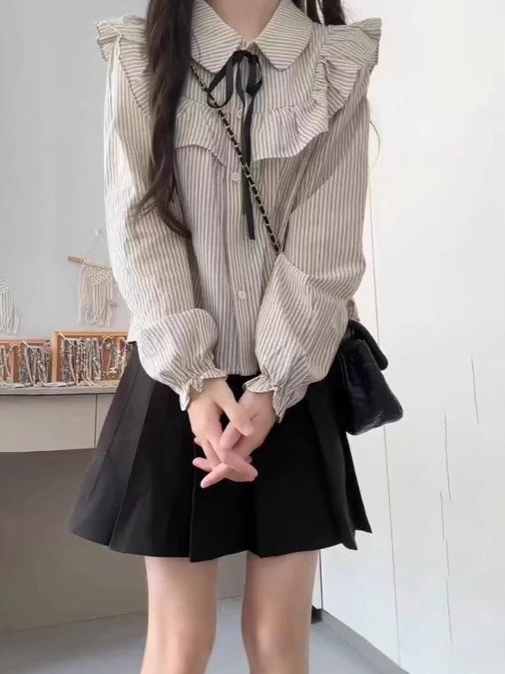 シャツ レディース 春夏 長袖 フリル ストライプ スクール風 森ガール 小柄 百褶 スカート プリーツ ミニスカート ショート丈 セットアップ 上下セット 2点セット 通学 学生 カジュアル かわいい フェミニン ガーリー