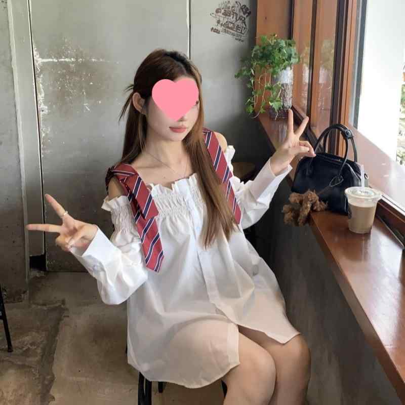 シャツ レディース トップス 長袖 肩出し オープンショルダー 蝶結び リボン レイヤード風 フェイクレイヤード 重ね着風 ミディアム丈 ミドル丈 甘め スクール風 通学 デート カジュアル フェミニン おしゃれ かわいい 無地