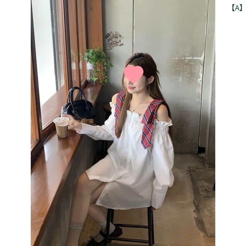 GRATIQUE MIEIのシャツ レディース トップス 長袖 肩出し オープンショルダー 蝶結び リボン レイヤード風 フェイクレイヤード 重ね着風 ミディアム丈 ミドル丈 甘め スクール風 通学 デート カジュアル フェミニン おしゃれ かわいい 無地｜アングル2